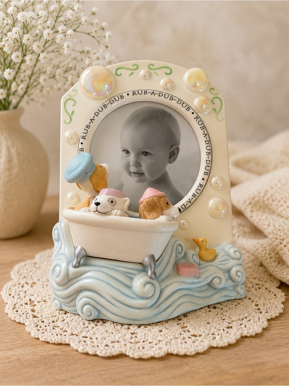 Hallmark Cream and Light Blue Baby Bathtub Frame with Pastel Accents
